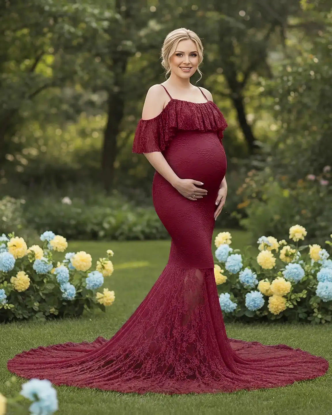 Bump Society – The Comfort Collection: Off-Shoulder Lace Mermaid Maternity Gown
