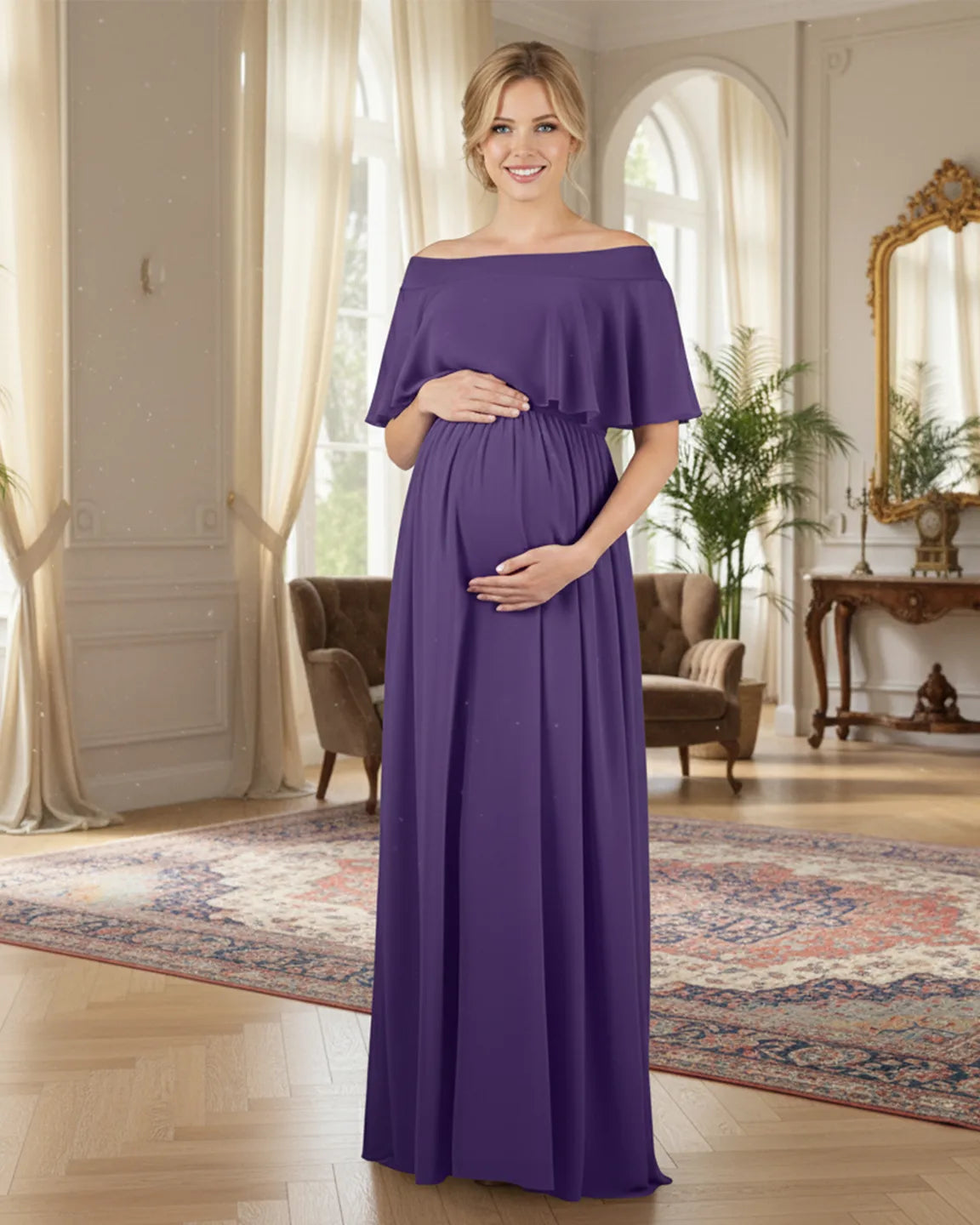 Smiling pregnant woman in a flowing purple off-shoulder chiffon bohemian maternity photoshoot dress.