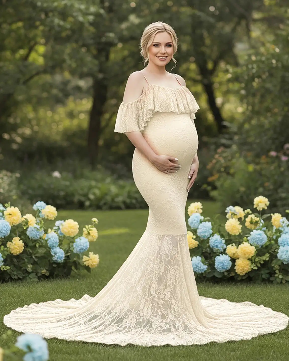 Bump Society – The Comfort Collection: Off-Shoulder Lace Mermaid Maternity Gown