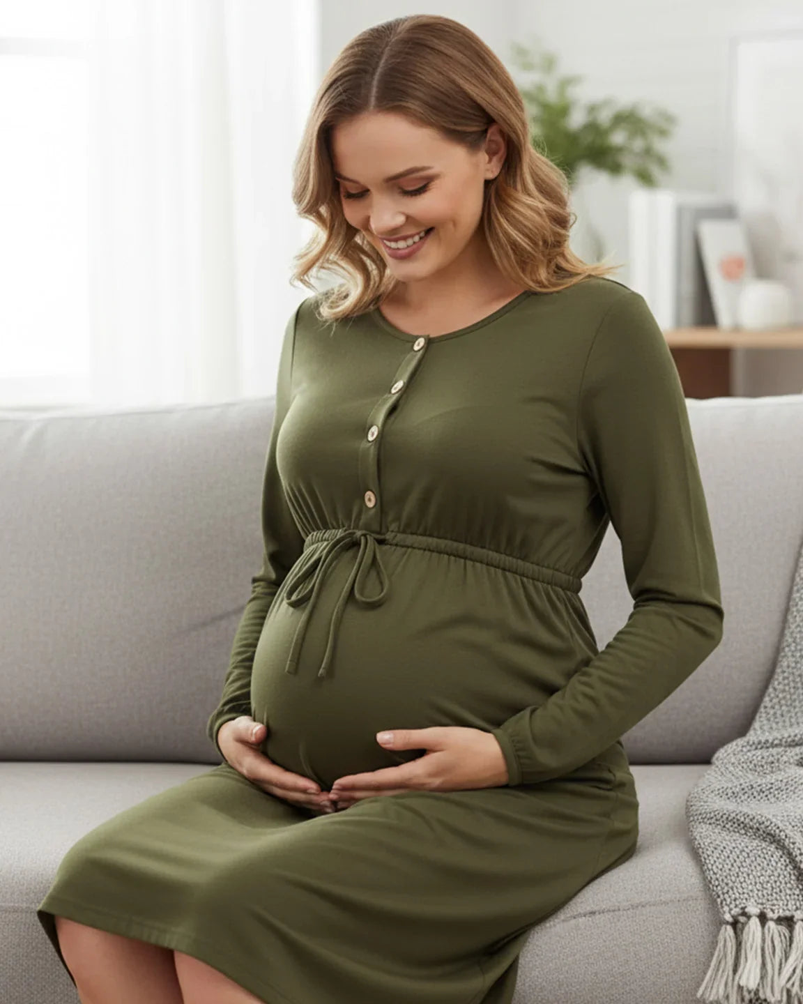 Bump Society – The Comfort Collection: Button-Front Drawstring Waist Maternity Dress
