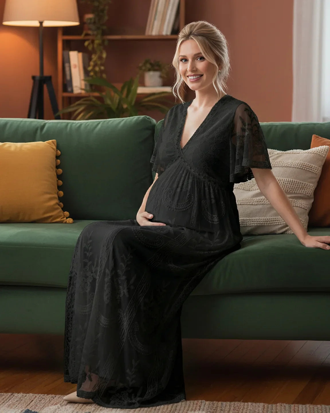 Bump Society – The Comfort Collection: Sheer-Lace Romantic Maternity Maxi Dress