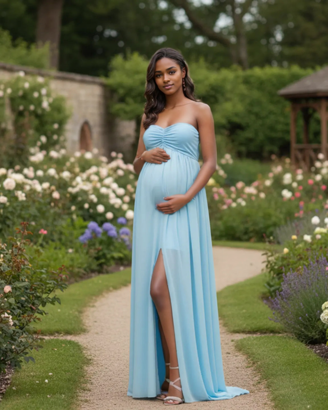 Bump Society – The Comfort Collection: Strapless Chiffon Train Maternity Gown