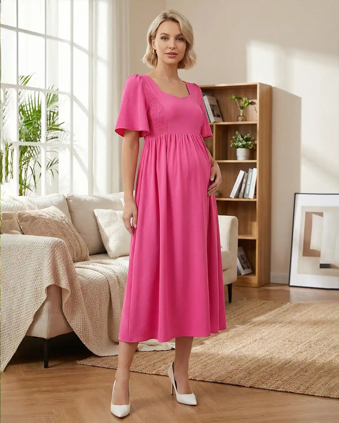 Bump Society – The Comfort Collection: Shirred Ruffle Sleeve Swing Maternity Midi Dress