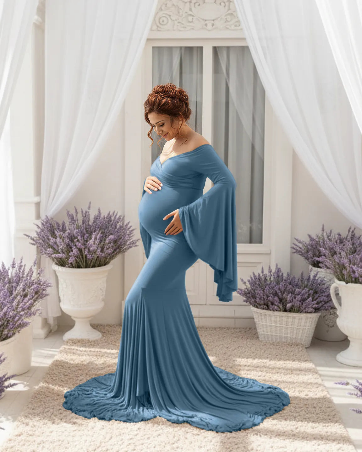Bump Society – The Comfort Collection: Flared Sleeve Fishtail Train Maternity Photoshoot Dress