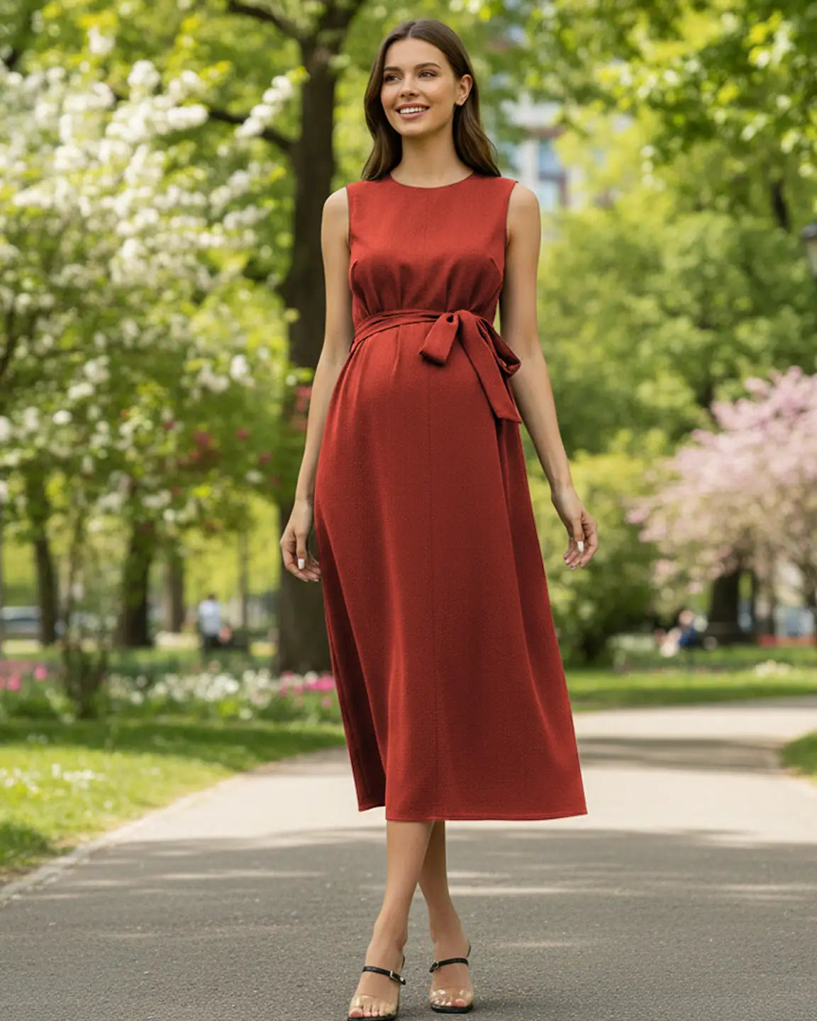 Smiling pregnant woman in a rust-colored, sleeveless maternity midi dress with a tie-waist, walking outdoors.