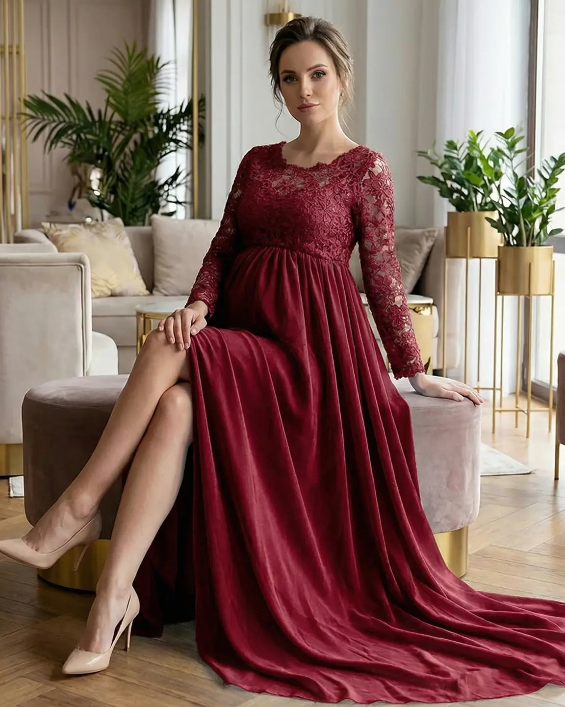Bump Society – The Comfort Collection: Lace Bodice Trailing Skirt Maternity Photoshoot Gown