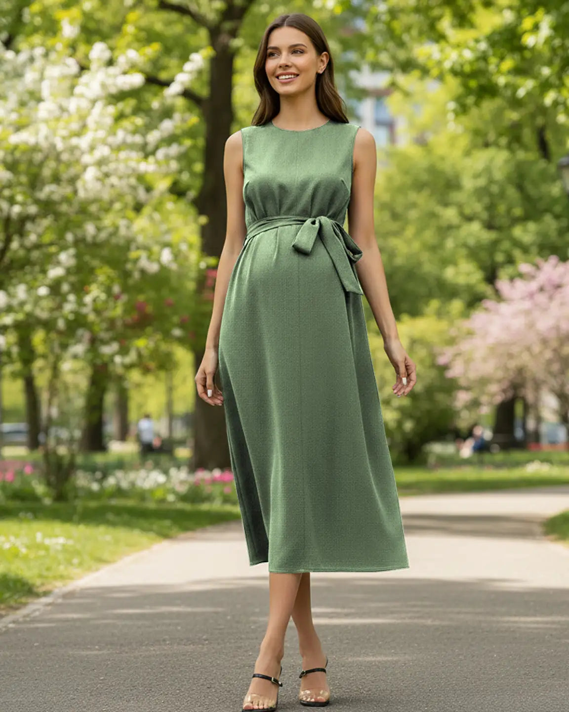 Smiling pregnant woman in a sage green, sleeveless tie-waist maternity midi dress, walking outdoors.