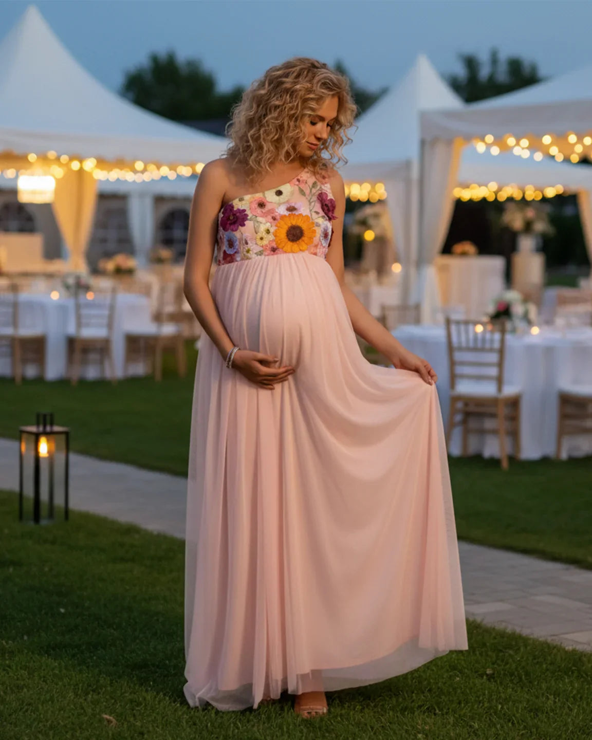 Bump Society – The Comfort Collection: One Shoulder Flowing Mesh Skirt Maternity Maxi Dress