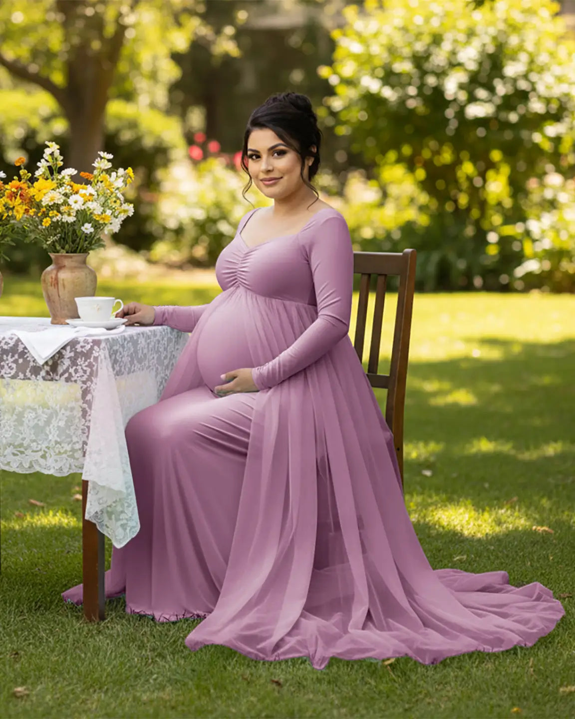 Bump Society – The Comfort Collection: Sheer Mesh Flowy Train Maternity Maxi Dress