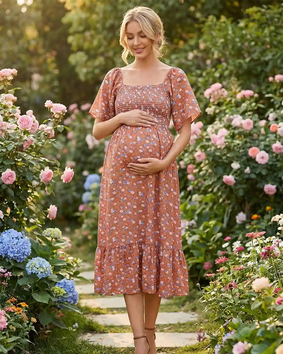 Maternity midi dress in rust floral print with flutter sleeves and smocked bodice, worn by a pregnant woman in a garden.
