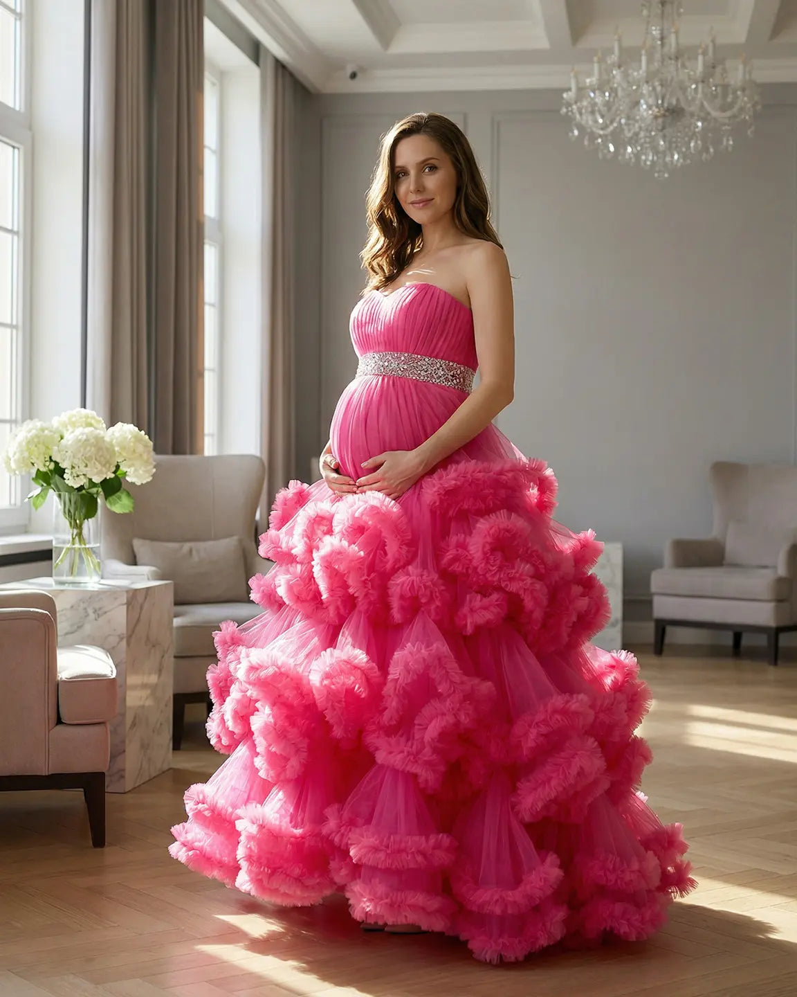 Bump Society – The Comfort Collection: Strapless Bodice Multi-Layered Ruffled Skirt Maternity Photoshoot Dress