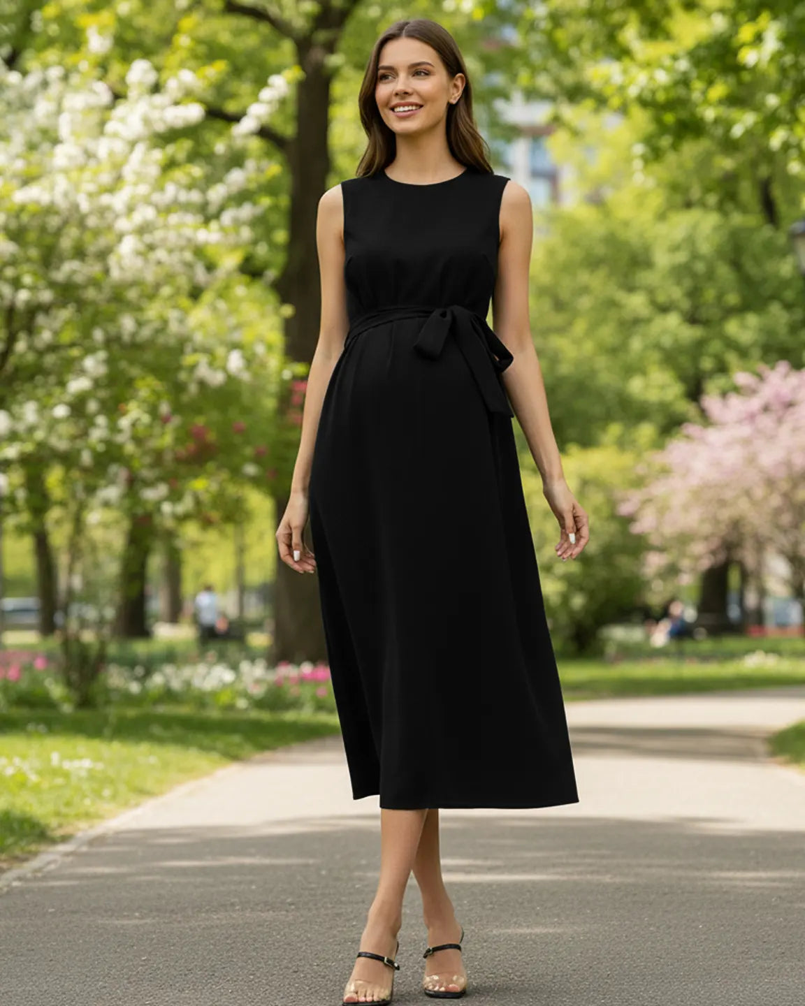 Smiling pregnant woman in a black sleeveless midi dress with a tie-waist, walking outdoors.
