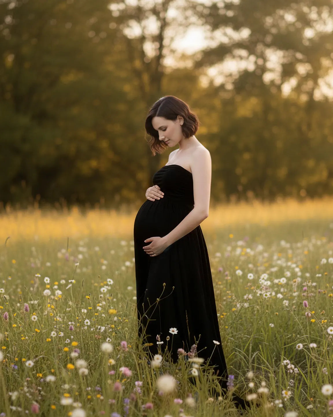 Bump Society – The Comfort Collection: Strapless Ruched Front Slit Maternity Photoshoot Dress