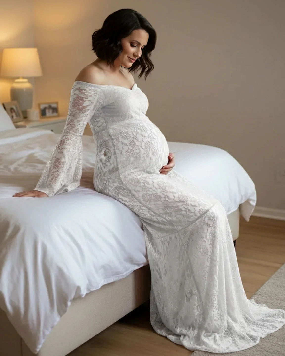 Bump Society – The Comfort Collection: Bell Lace Sleeve Trailing Maternity Gown