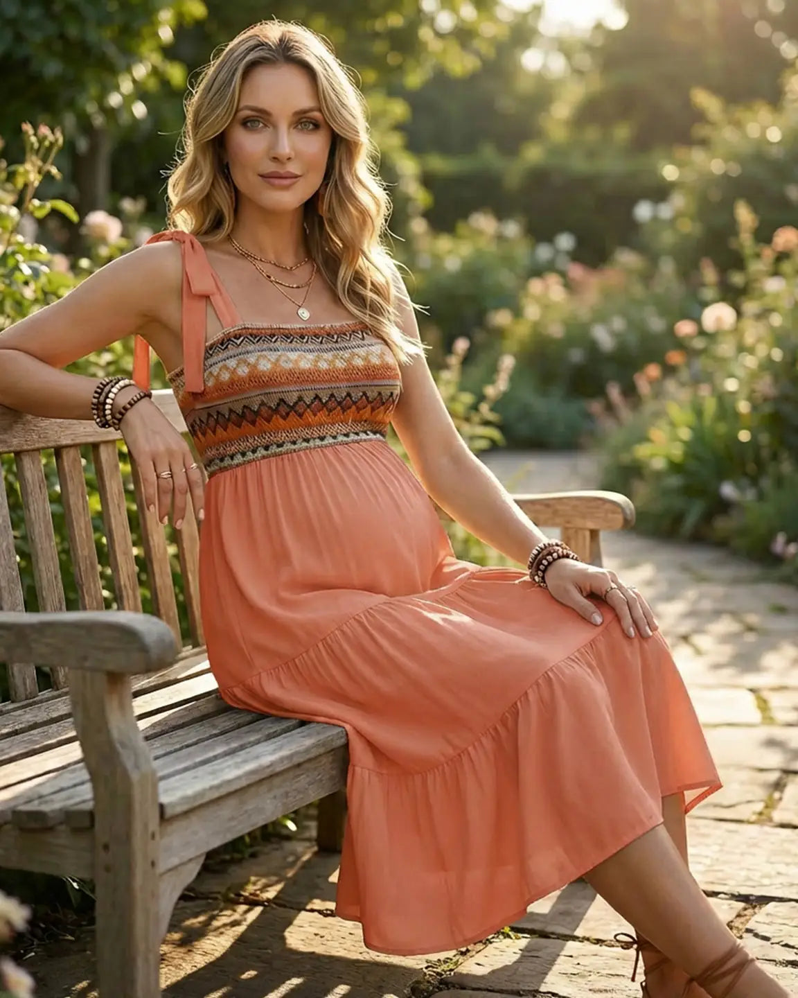Bump Society – The Comfort Collection: Smocked Ethnic Bodice Tiered A-Line Maternity Sundress