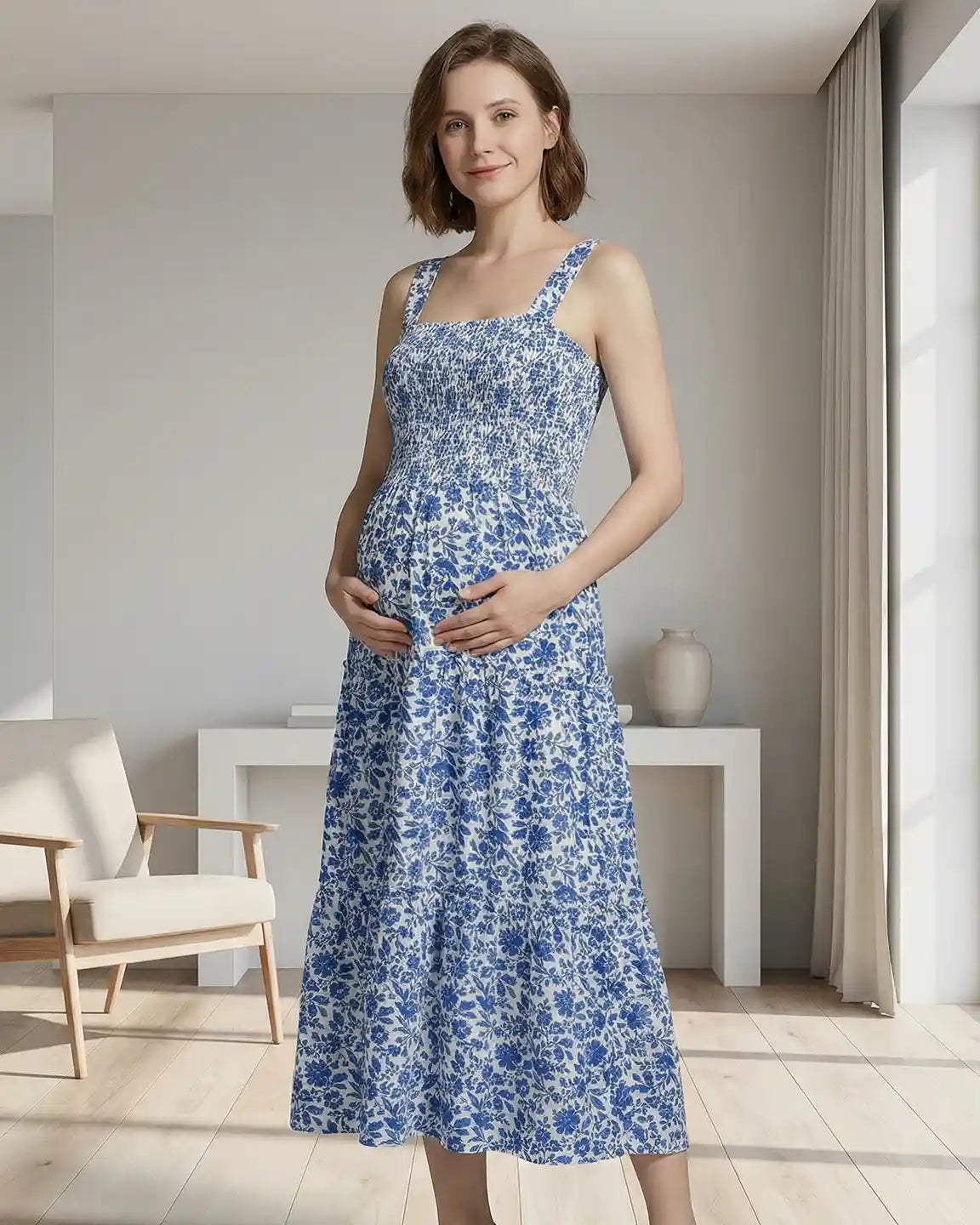 Bump Society – The Comfort Collection: Smocked Floral A-Line Maternity Midi Dress