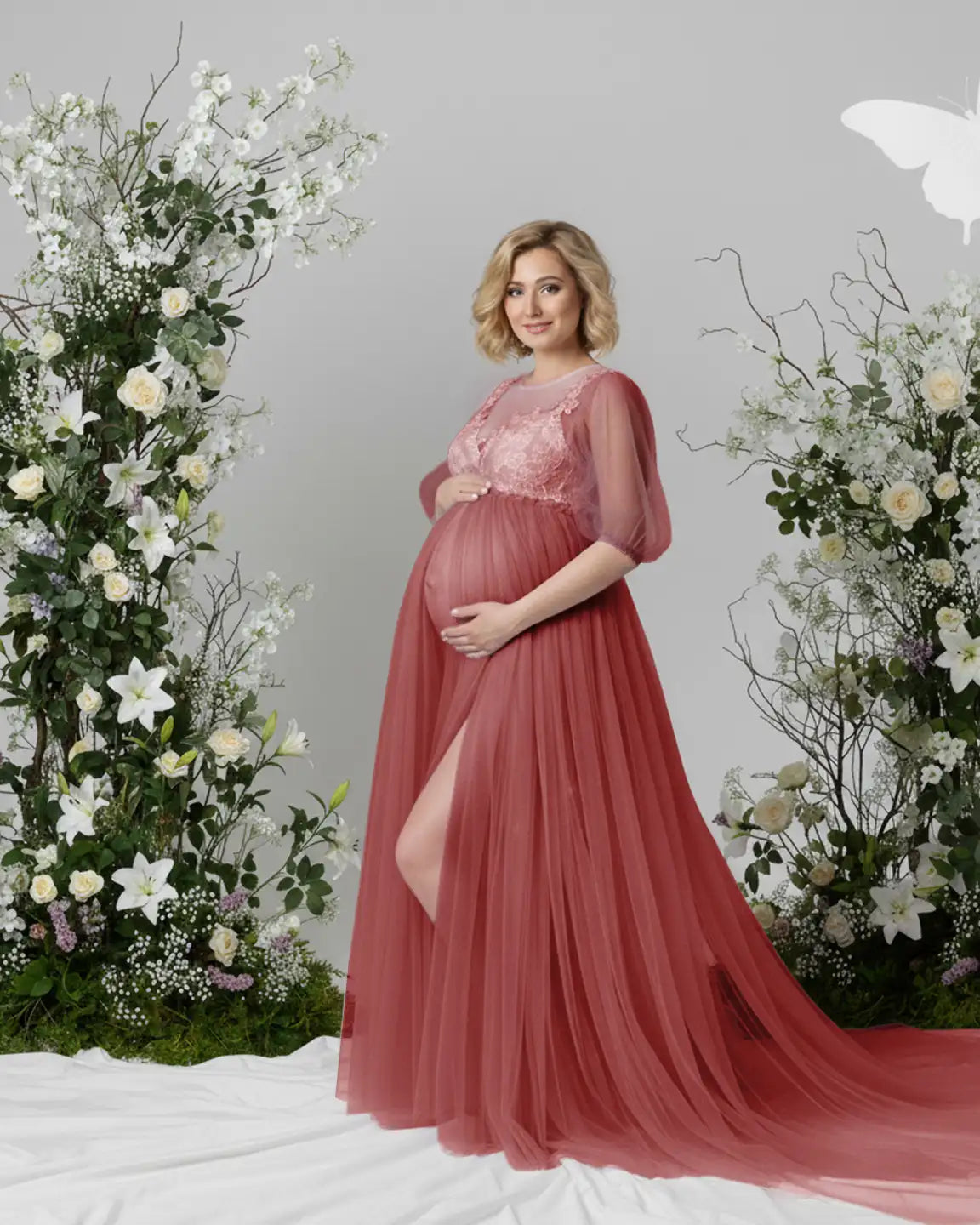 Bump Society – The Comfort Collection: Tulle Lace Swing Trail Maternity Photoshoot Dress