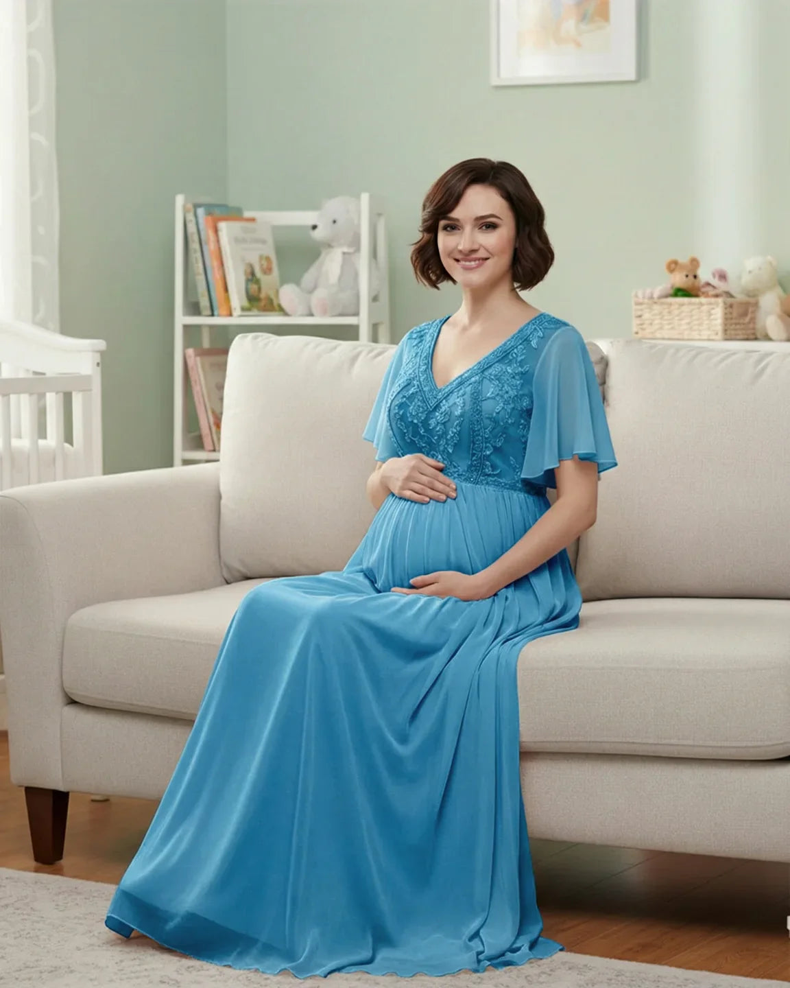 Bump Society – The Comfort Collection: Embroidered Bodice Long Train Maternity Photoshoot Gown