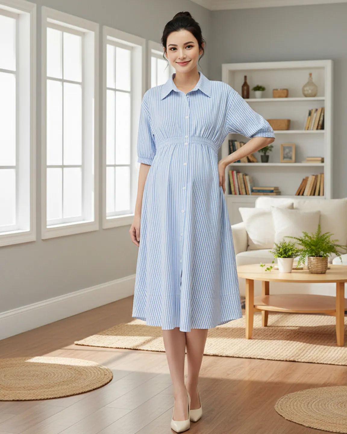 Bump Society – The Comfort Collection: Gathered Waist Striped Shirt Maternity Dress