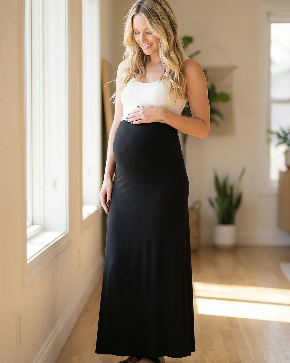 Bump Society – The Comfort Collection: Full-Panel Waistband Flowing Maternity Maxi Skirt