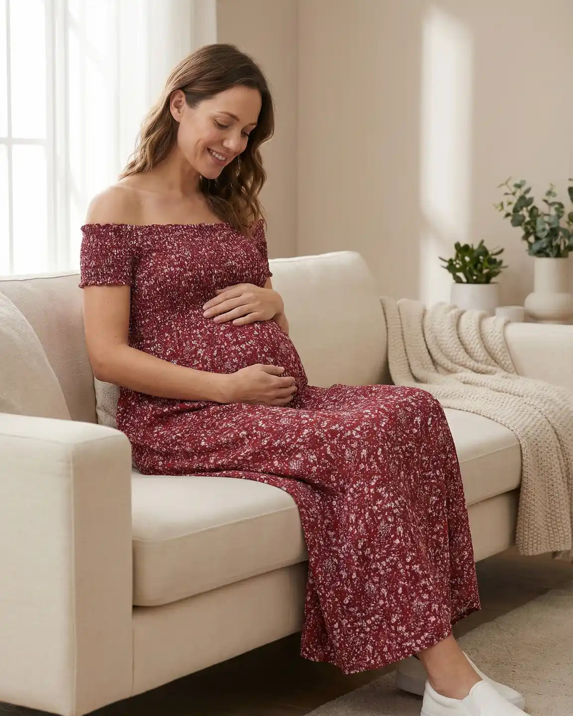 Bump Society – The Comfort Collection: Off-Shoulder Floral Pattern Maternity Maxi Dress