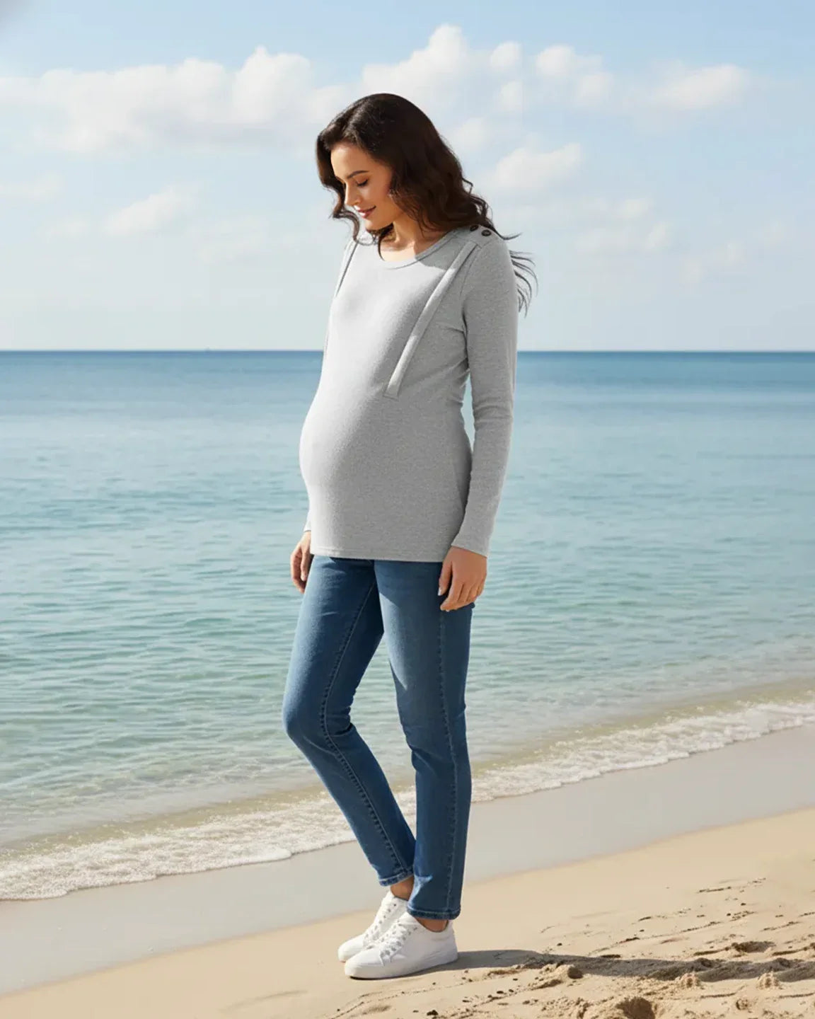 Bump Society – The Comfort Collection: Ribbed Horizontal Zip-Feed Fitted Maternity Shirt