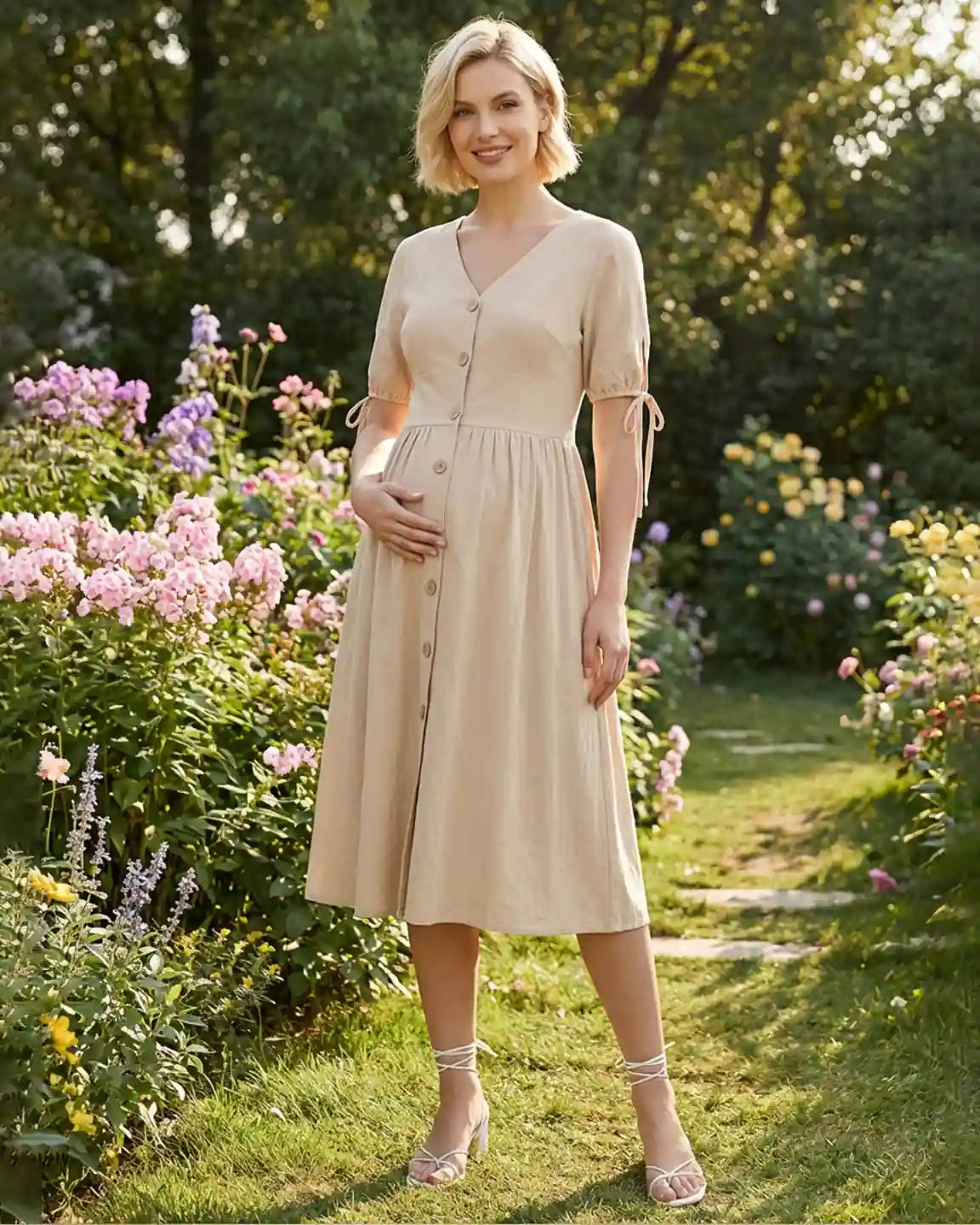Bump Society – The Comfort Collection: Tie Sleeve A-Line Maternity Midi Dress
