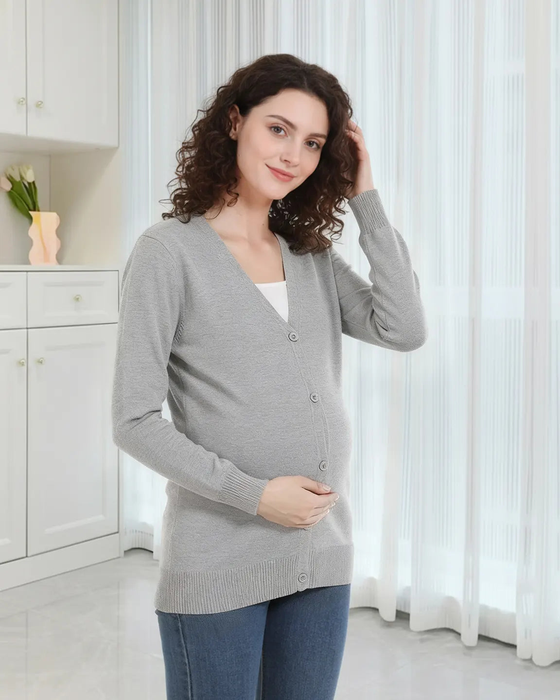 Bump Society – The Comfort Collection: Button-Front V-Neck Maternity Cardigan
