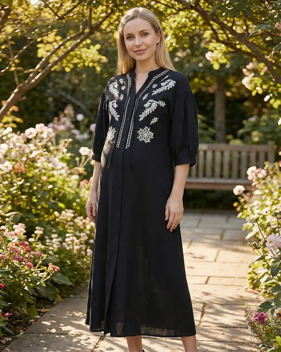 Bump Society – The Comfort Collection: Embroidered Mandarin Collar Loose Maternity Midi Dress