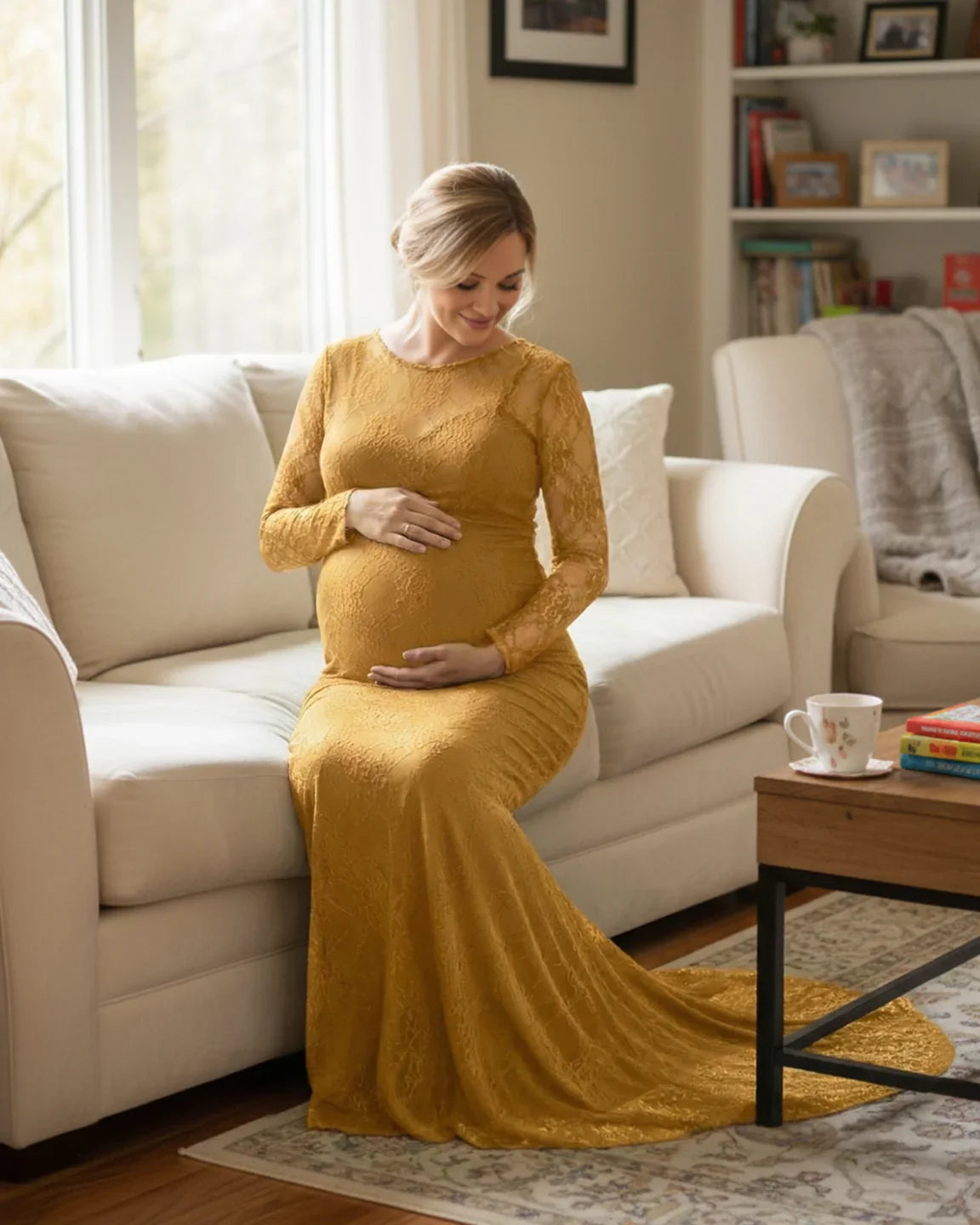 Pregnant woman in a mustard yellow sheer lace trumpet maternity gown with long sleeves, sitting on a couch.