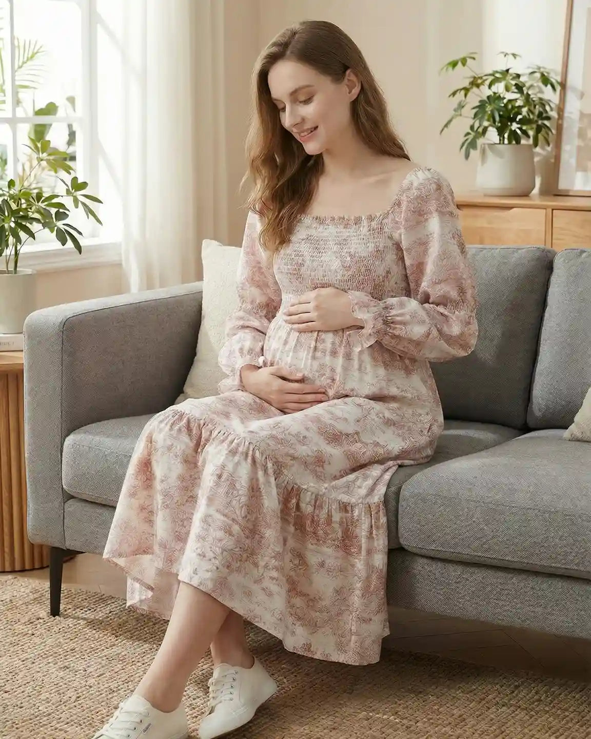 Bump Society – The Comfort Collection: Puffed Long-Sleeve Tiered Skirt Maternity Maxi Dress
