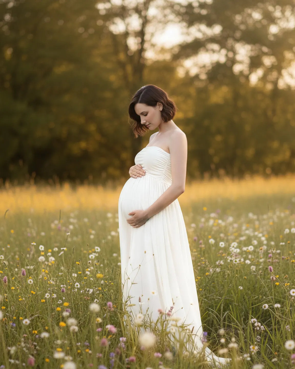 Bump Society – The Comfort Collection: Strapless Ruched Front Slit Maternity Photoshoot Dress