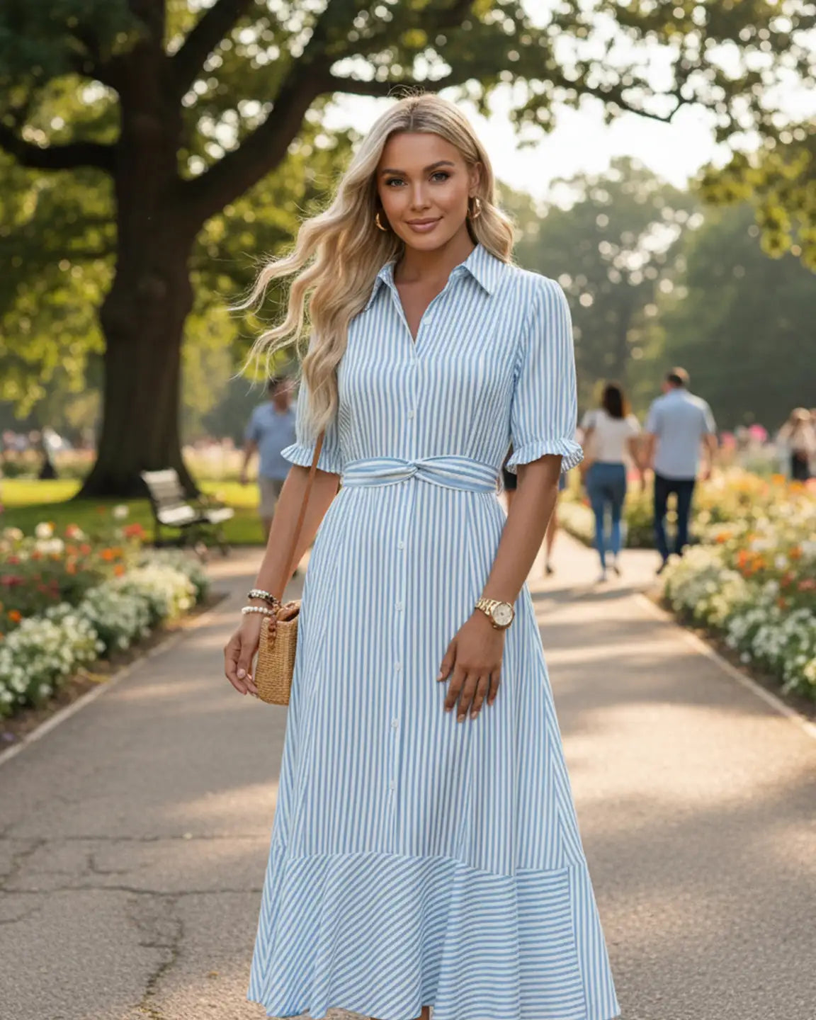Blonde woman in a blue and white striped maternity dress with lapel collar, puff sleeves, and tie waist.