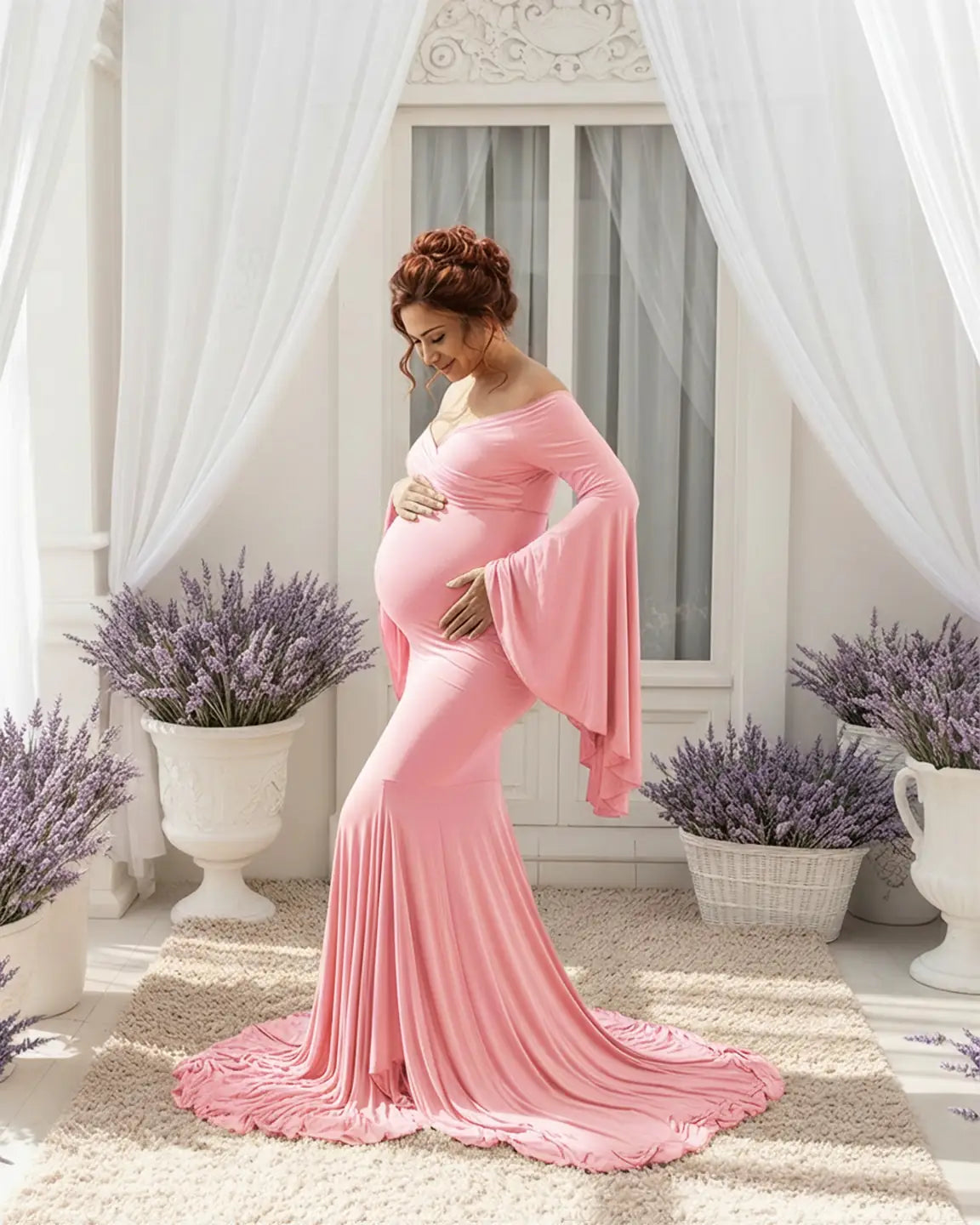 Bump Society – The Comfort Collection: Flared Sleeve Fishtail Train Maternity Photoshoot Dress