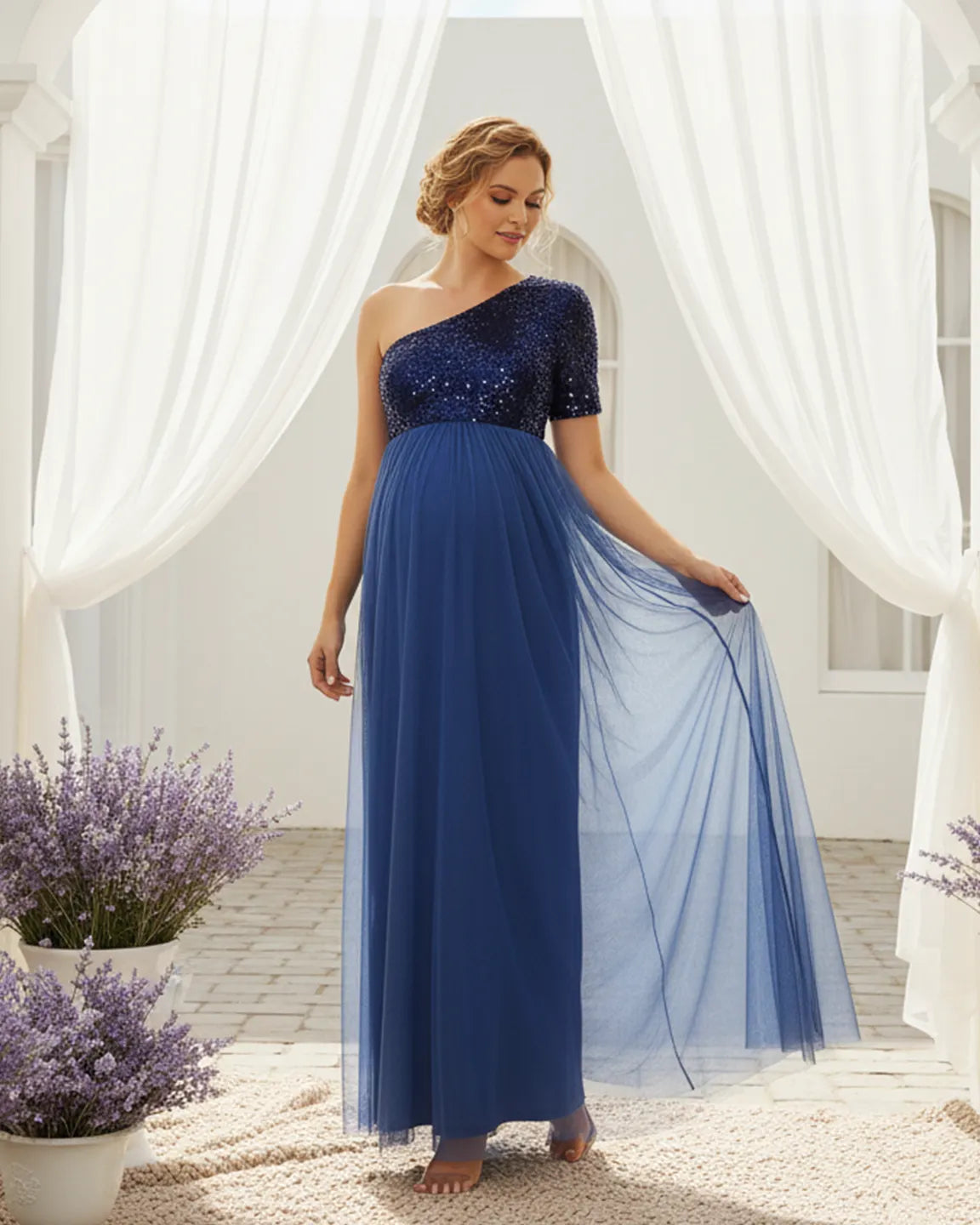 Bump Society – The Comfort Collection: Sequin One-Shoulder Glamour Maternity Maxi Dress