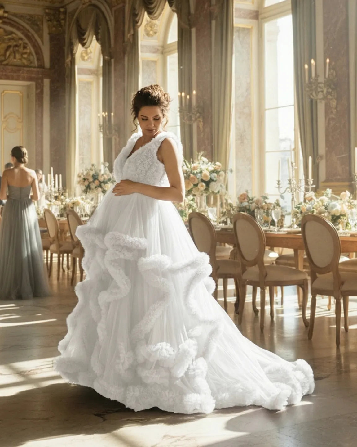 Bump Society – The Comfort Collection: Ruffled Bodice Multi-Layer Mesh Pleats Maternity Gown