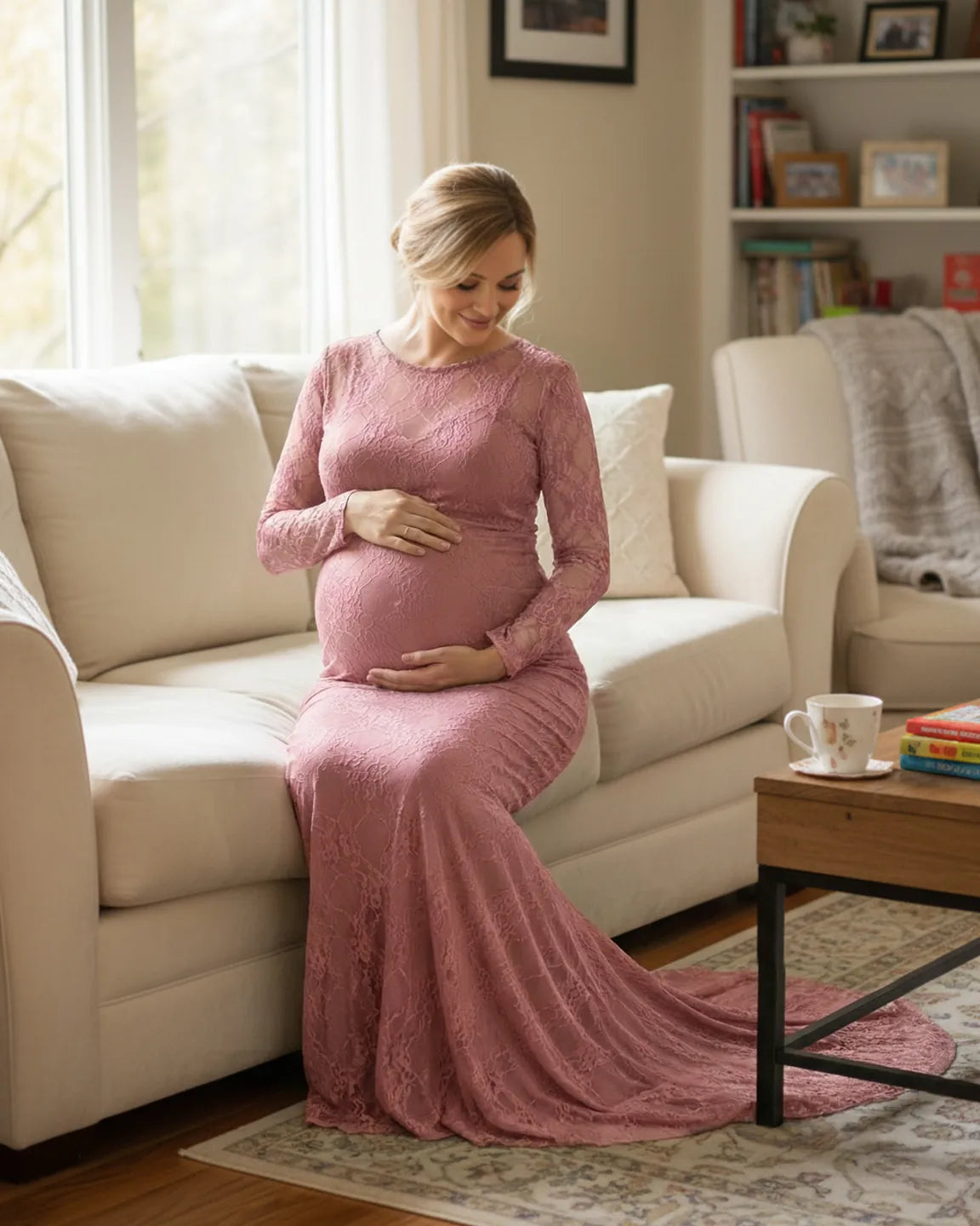 Pregnant woman in a pink sheer lace trumpet maternity gown with long sleeves, sitting on a white sofa.