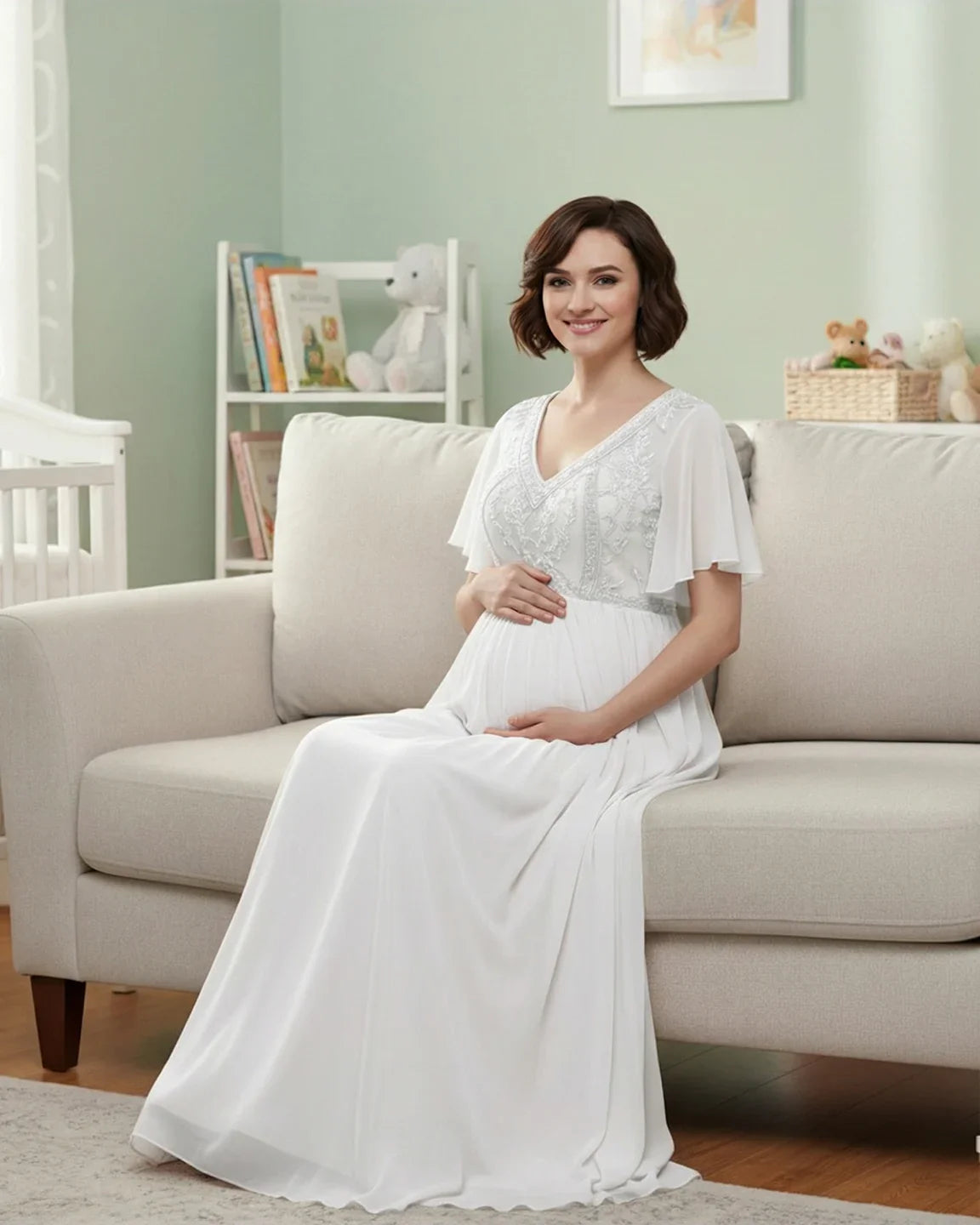 Bump Society – The Comfort Collection: Embroidered Bodice Long Train Maternity Photoshoot Gown