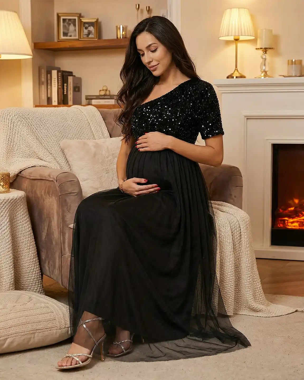 Bump Society – The Comfort Collection: Sequin One-Shoulder Flowing Mesh Maternity Maxi Dress