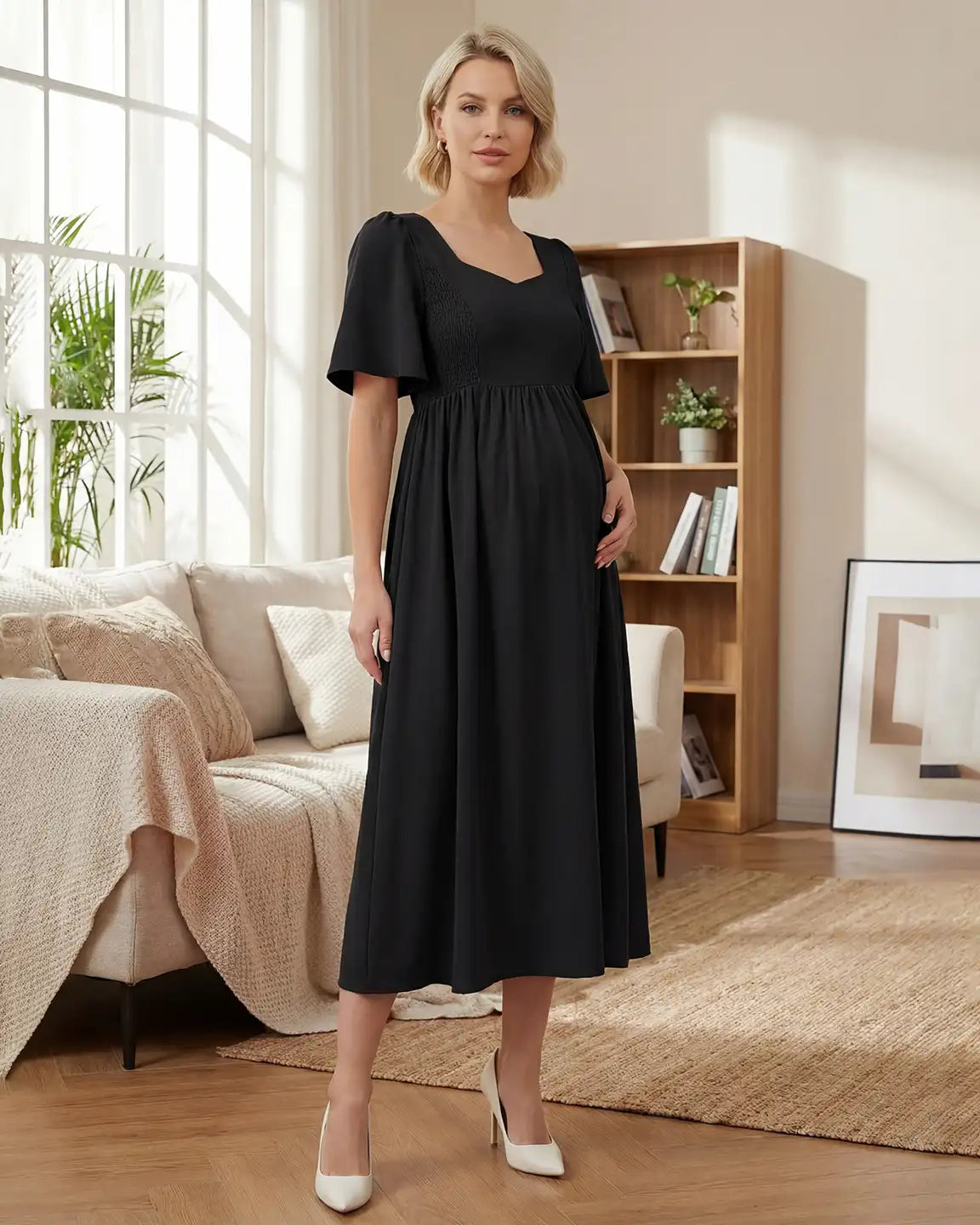 Bump Society – The Comfort Collection: Shirred Ruffle Sleeve Swing Maternity Midi Dress