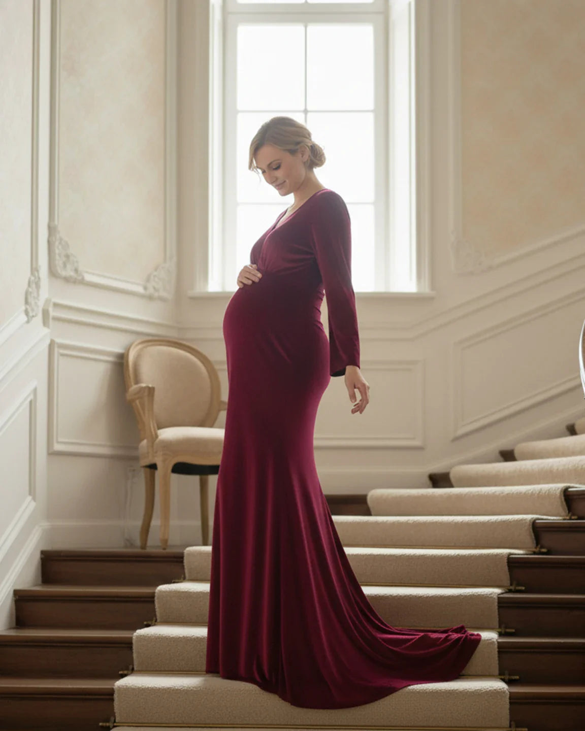 Bump Society – The Comfort Collection: Long-Sleeve Mermaid Train Maternity Photoshoot Gown
