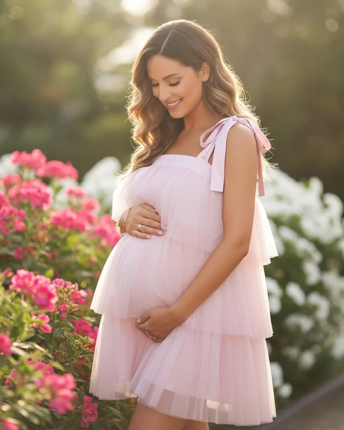 Bump Society – The Comfort Collection: Bow-Tie Tulle Cake-Layer Maternity Mini Dress