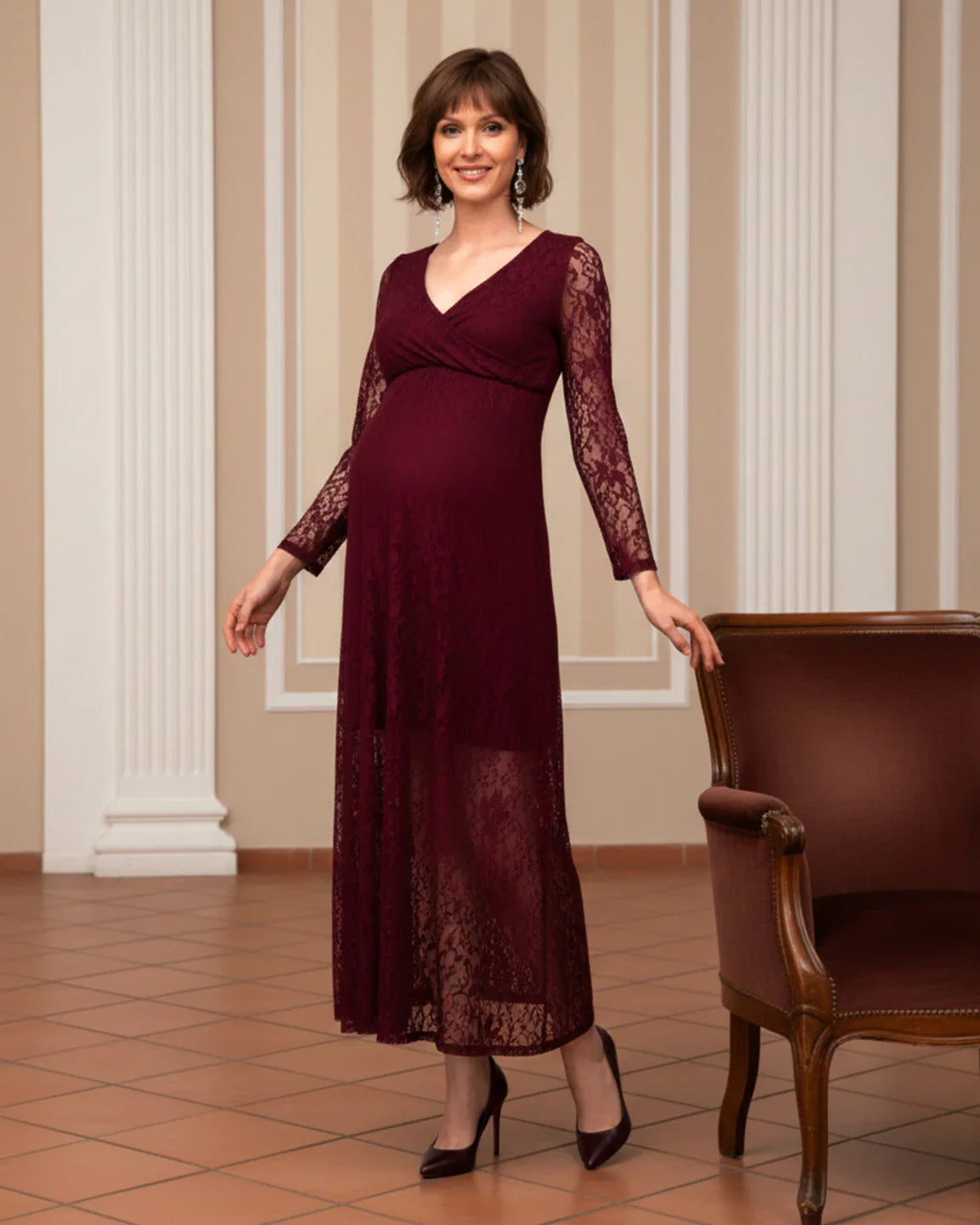 Bump Society – The Comfort Collection: Sheer Lace Long Sleeve Maternity Midi Dress
