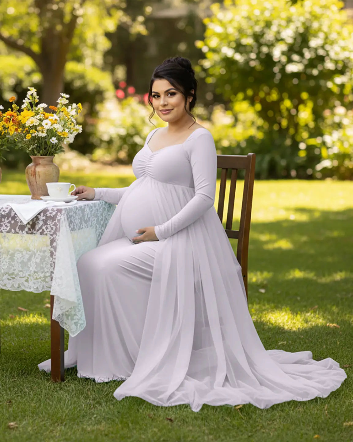 Bump Society – The Comfort Collection: Sheer Mesh Flowy Train Maternity Maxi Dress