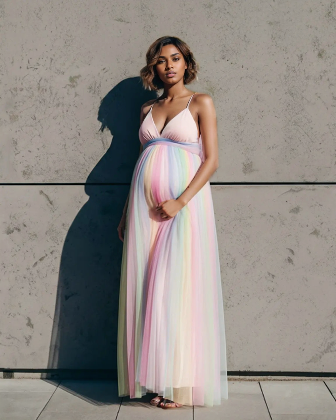 Bump Society – The Comfort Collection: Cross-Back Rainbow Tulle Maternity Gown