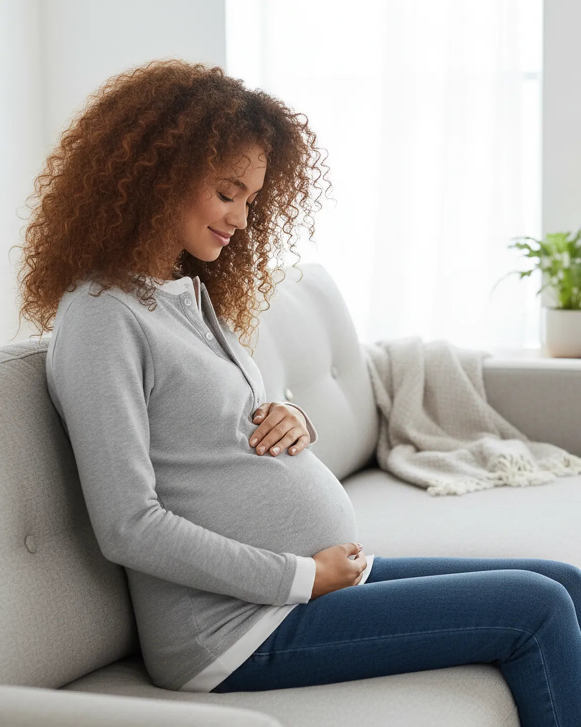 Smiling pregnant woman in a soft gray button-front henley maternity and nursing top, sitting on a sofa.