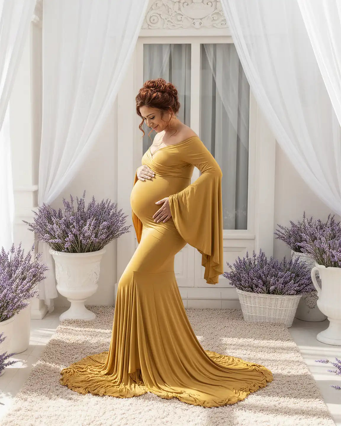 Bump Society – The Comfort Collection: Flared Sleeve Fishtail Train Maternity Photoshoot Dress