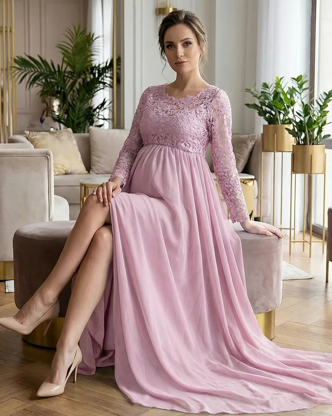 Bump Society – The Comfort Collection: Lace Bodice Trailing Skirt Maternity Photoshoot Gown