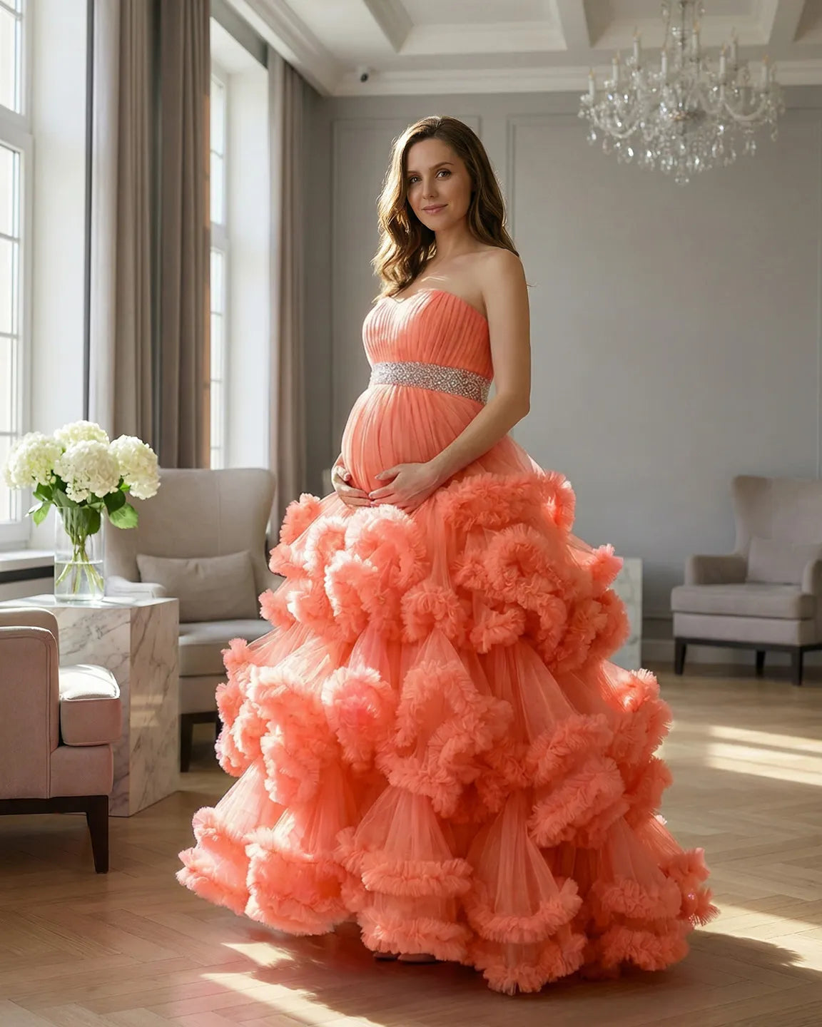 Bump Society – The Comfort Collection: Strapless Bodice Multi-Layered Ruffled Skirt Maternity Photoshoot Dress