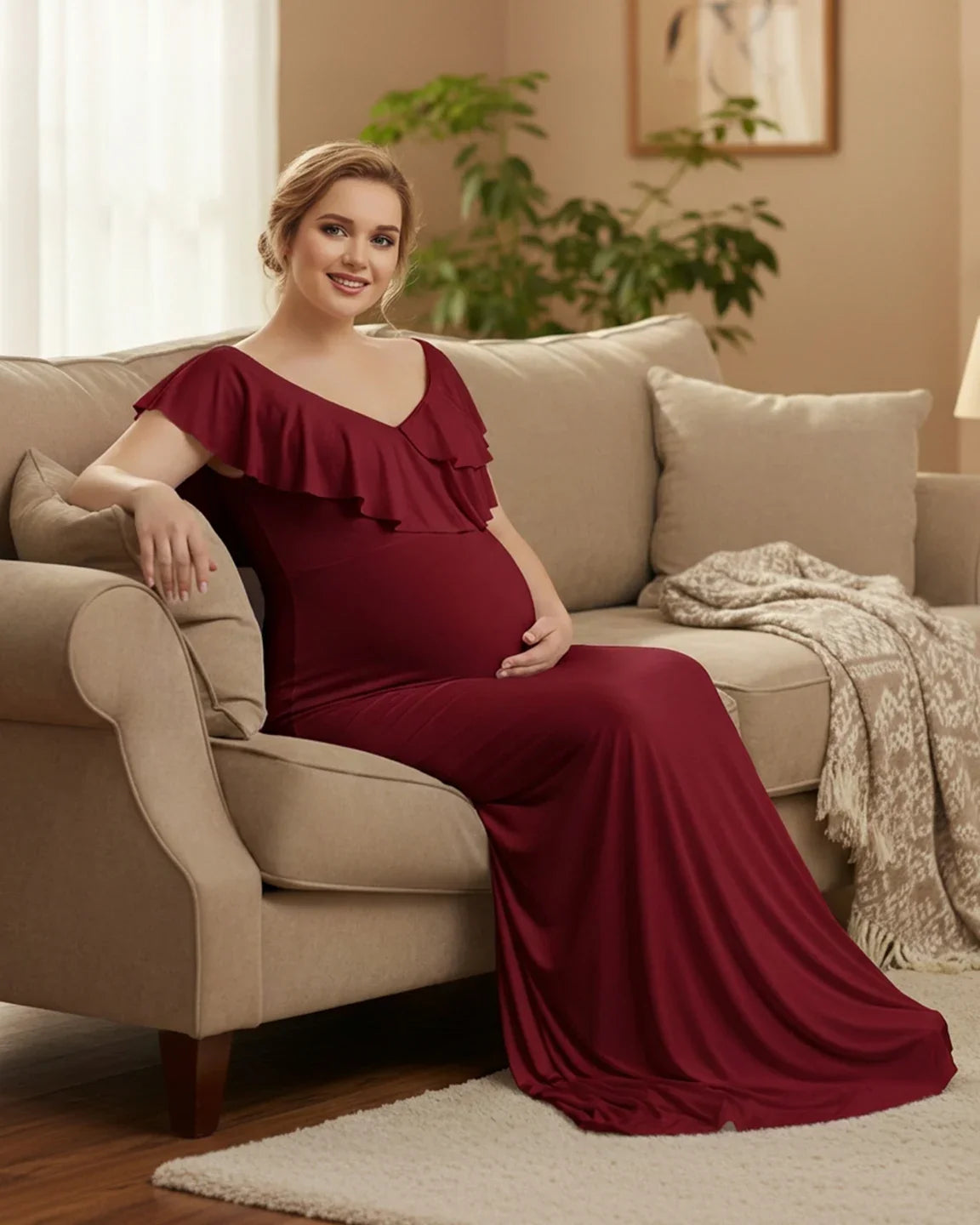 Bump Society – The Comfort Collection: Off-Shoulder Ruffled Bodycon Maternity Maxi Dress